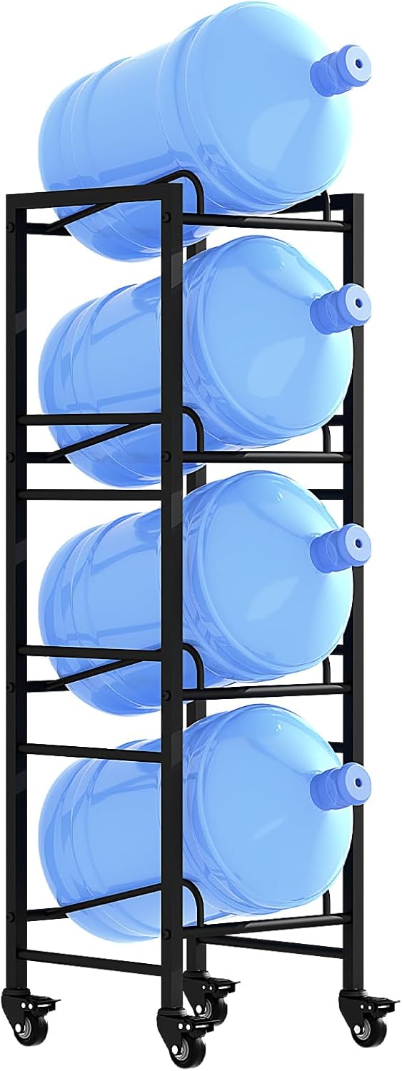 Vorshape 4 Tier 5 Gallon Water Jug Holder with 4 Lockable Wheels - Water Bottle Rack Organizer with Movable Casters, Heavy Duty Water Storage Rack Dispenser Stand for Kitchen Office Garage/Black