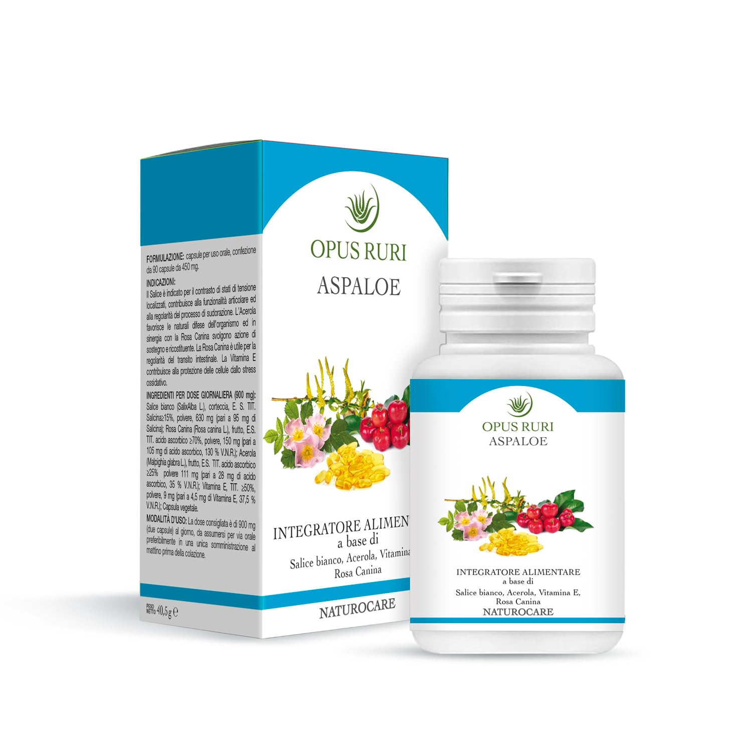 Aspaloe Naturocare - Integratore Alimentare con Salice, Acerola, Vitamina E e Rosa Canina - 90 Capsule da 450 mg - Integratore Articolazioni e Supporto Difese Immunitarie - 100% Naturale