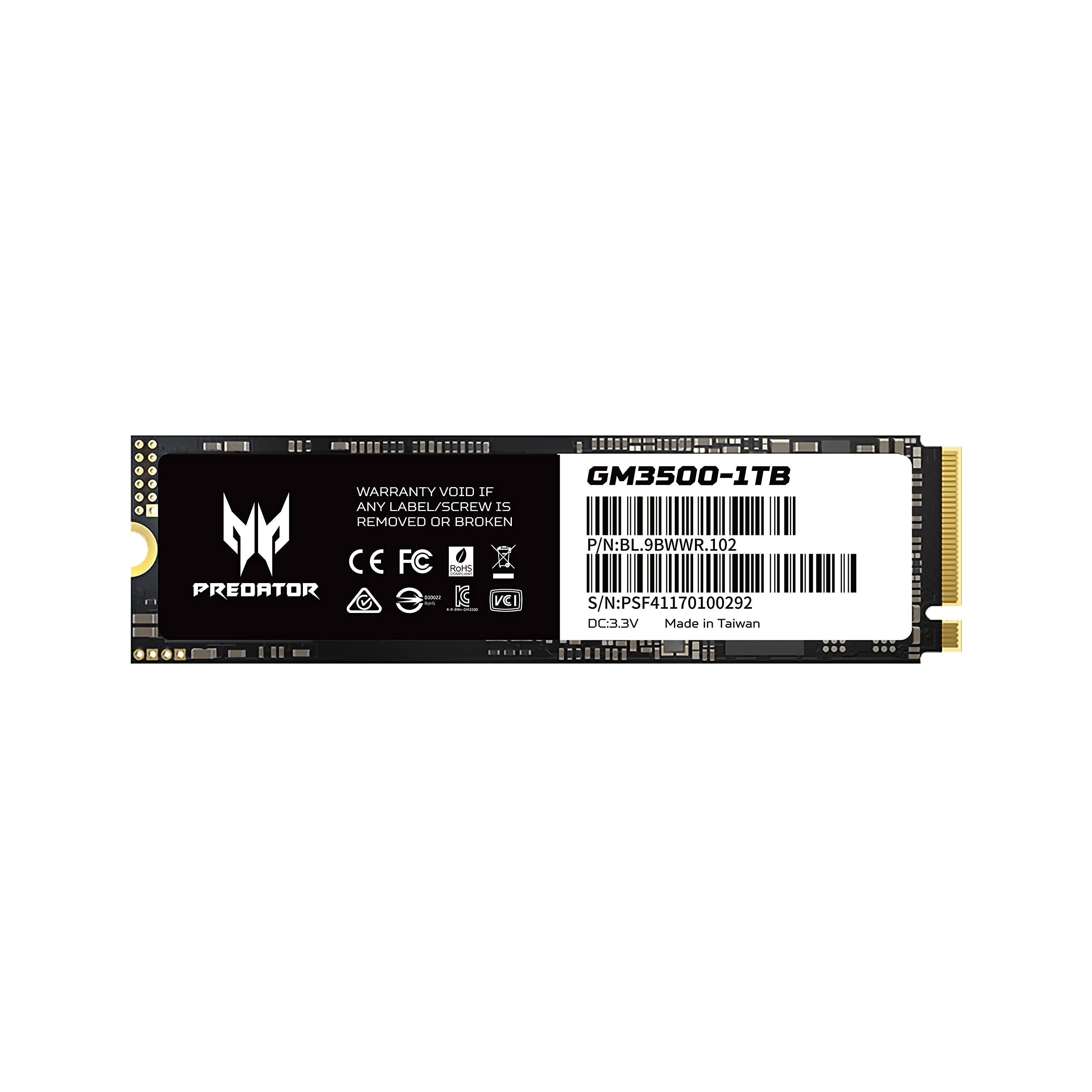acerPredator GM3500 1TB NVMe SSD - M.2 PCIe Gen3 (8 Gb/s) x 4 Interface Internal Solid State Hard Drive with DDR4 DRAM Cache Up to 3400 MB/s - BL.9BWWR.102
