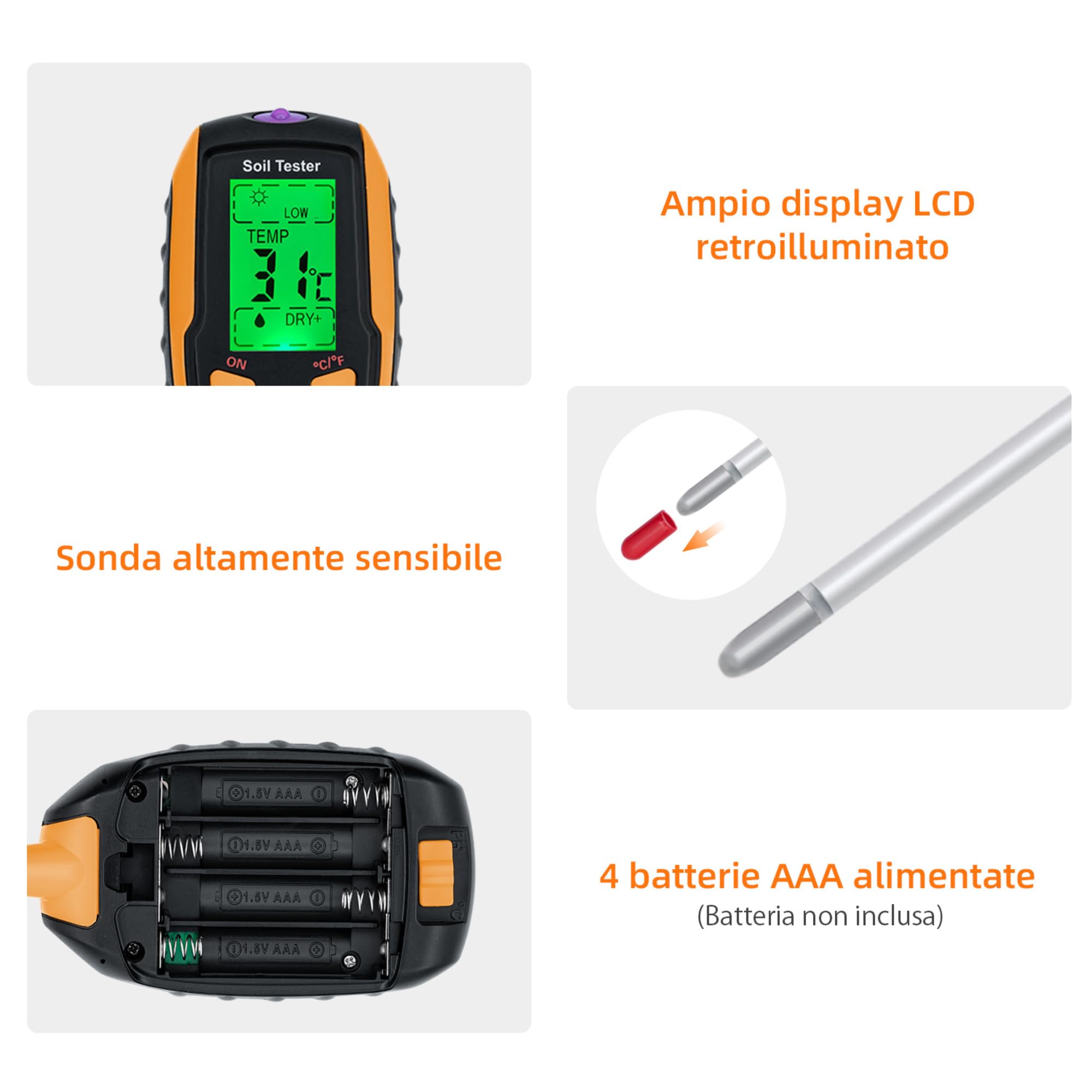 Mcbazel Misuratore del Suolo Digitale 4 in 1 per Piante, Tester per Il Suolo con PH/Temperatura/umidità/Luce per Giardinaggio, Prato, Agricoltura e Piante da Esterno