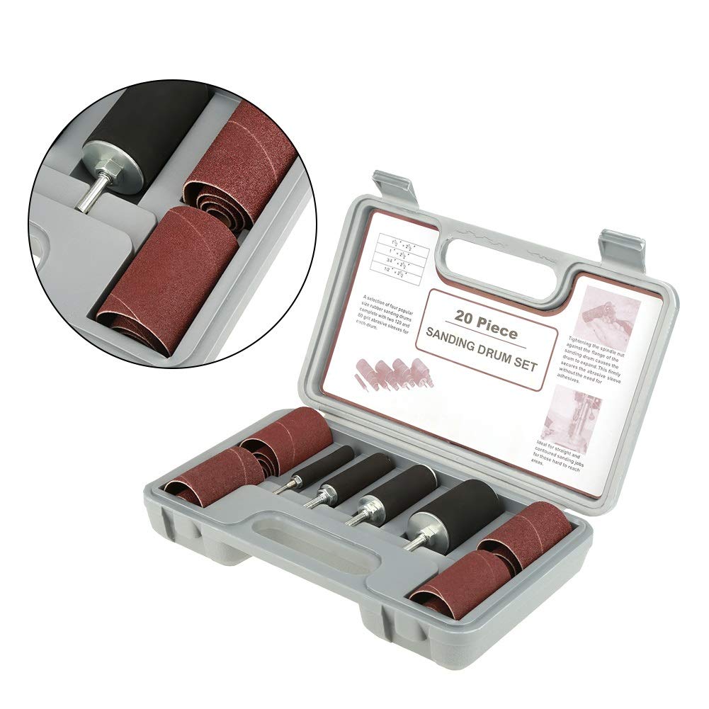 DEWIN Tamburo abrasivo, Set di strumenti per levigatrice a tamburo abrasivo, tamburi in gomma con custodia per fai da te, hobby, fai da te, carpenteria, lavorazione del legno, 20 pezzi