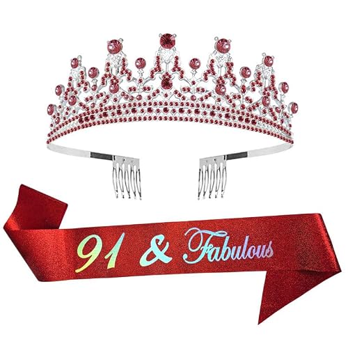 ALRBE TIN 91st Birthday Sash and Tiara Kit 91 Fabulous Birthday Sash and Tiara Red Sash and Red Tiara for Happy 91st Birthday Party Supplies and Decorations Birthday Gifts