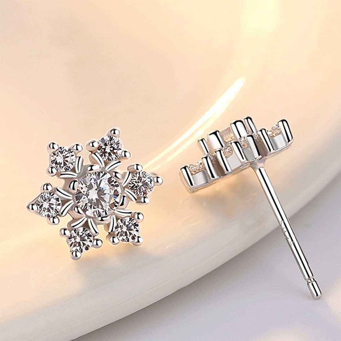 Orecchini A Bottone Fiocco Di Neve In Argento 925 Donna | Zirconia Bianca 18kt, Regalo Di Natale