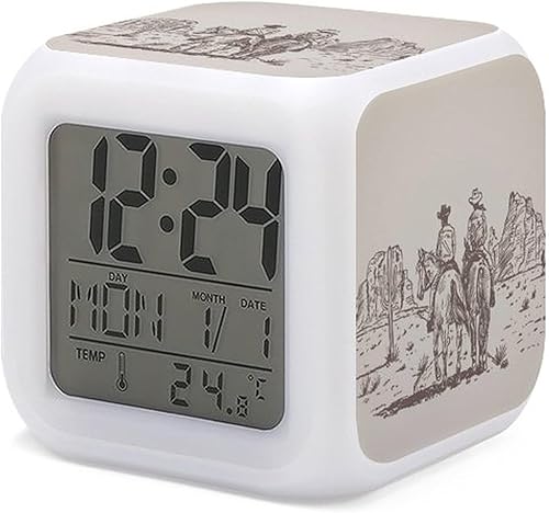 Western Cowboy - Reloj despertador para niños y niñas, 7 LED que cambian de color, despertador, decoración del hogar, dormitorio, digital, con