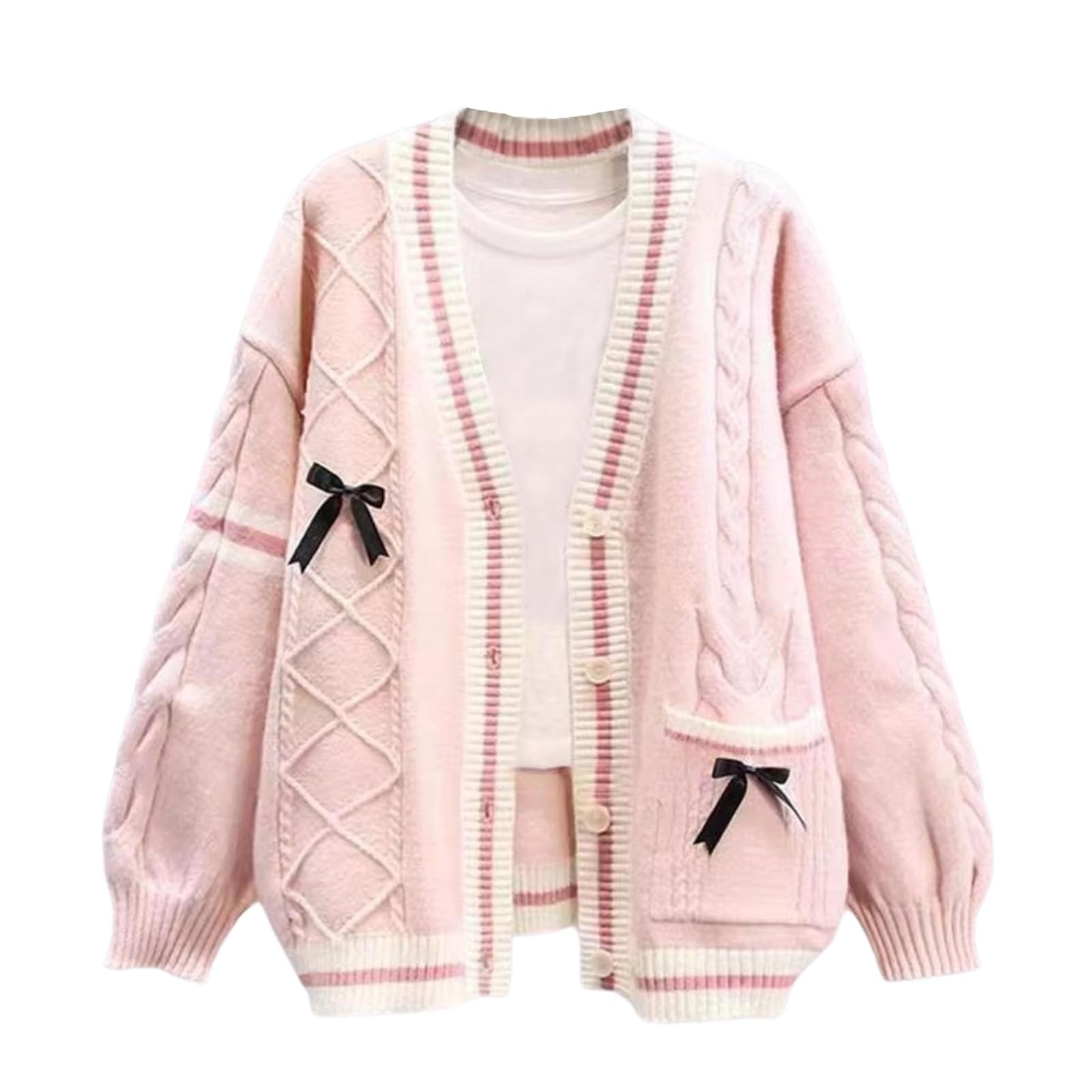 Womens Cute Cable Knit Cardigans Long Sleeve Button Up Sweater Kawaii Cardigan Coat Outwear with Pinned Bowkno