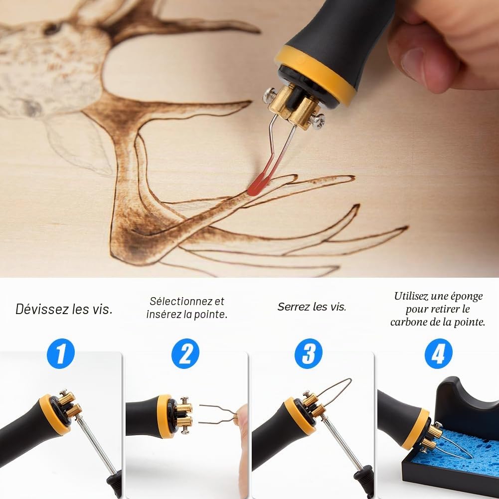 Kit de Pyrogravure au Bois, 60W Machine à Pyrogravure avec 30 Têtes de Stylo, 100-800°C Température Réglable Woodburner avec Station de Fer à Souder à Chauffage Rapide
