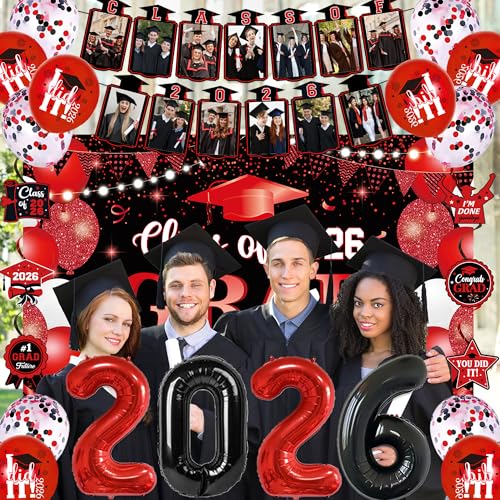 Image of Holkcog 2026 Graduation Decorations, Black Red Class of 2026 Congrats Graduation Backdrop, Balloons, Honeycomb ornament for Graduation Party Decorations, Outdoor Indoor Grad Party Decor Supply