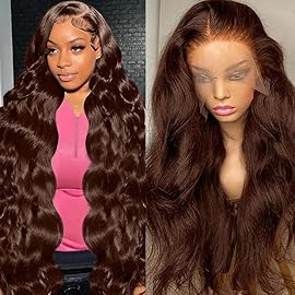 abbildung 34inch Chocolate Brown Lace Front Wig Human Hair 13x6 HD Transparent Body Wave Lace Front Wigs Human Hair Pre Plucked Glueless Frontal Brown Wig Human Hair 180% Density 
