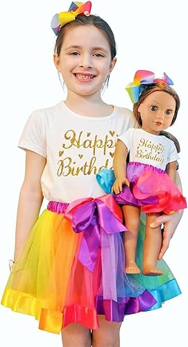 Miniatura 6 de ZITA ELEMENT Ropa de arcoíris y accesorios para el cabello para niñas americanas de 18 pulgadas, 2 camisas de algodón, 2 faldas tutú arcoíris y 2