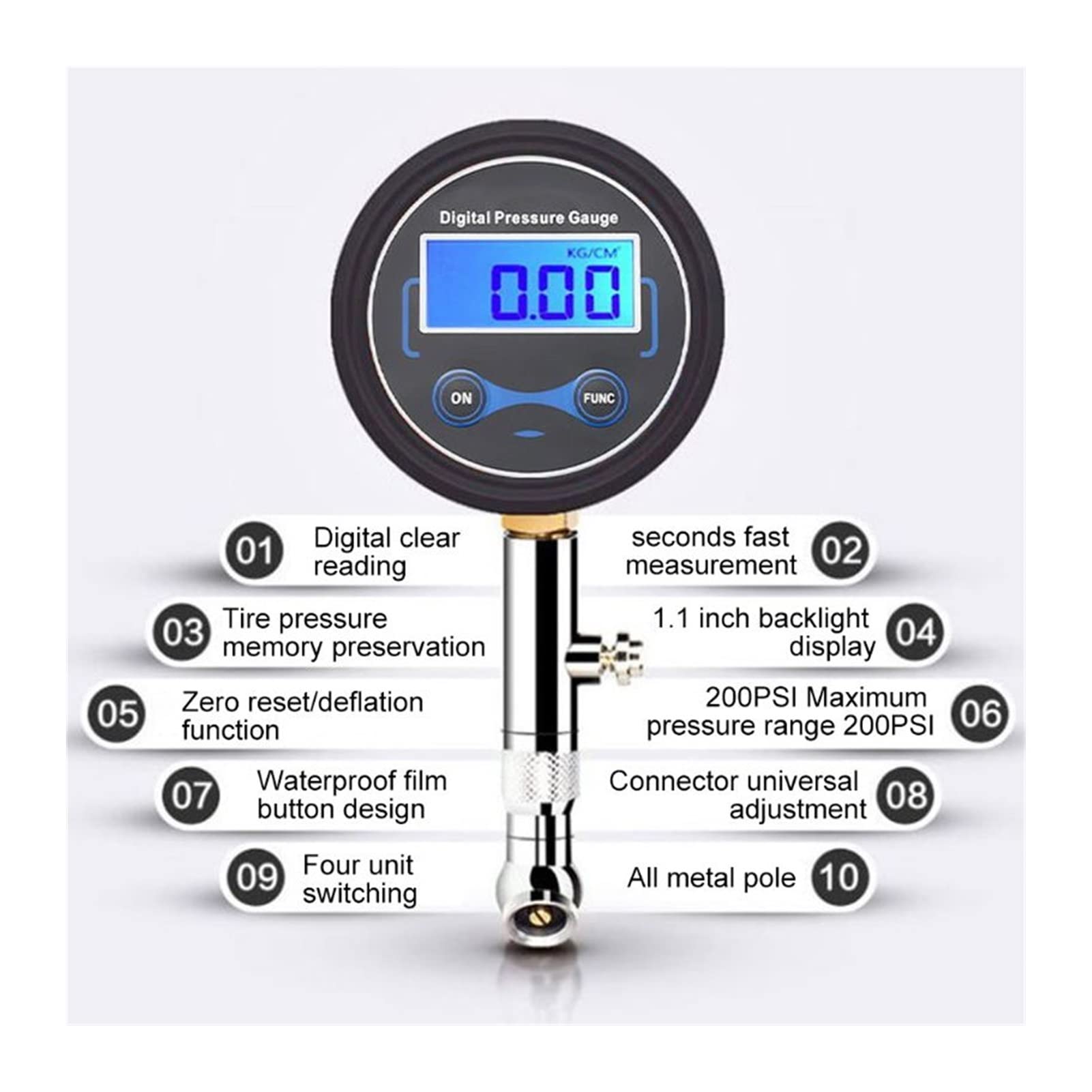 Manometro Digitale LCD per Pneumatici 0-200PSI Pressione dell'Aria per Pneumatici per Auto Adatto per Moto Auto Bicicletta Moto Tester per Veicoli (Nero)