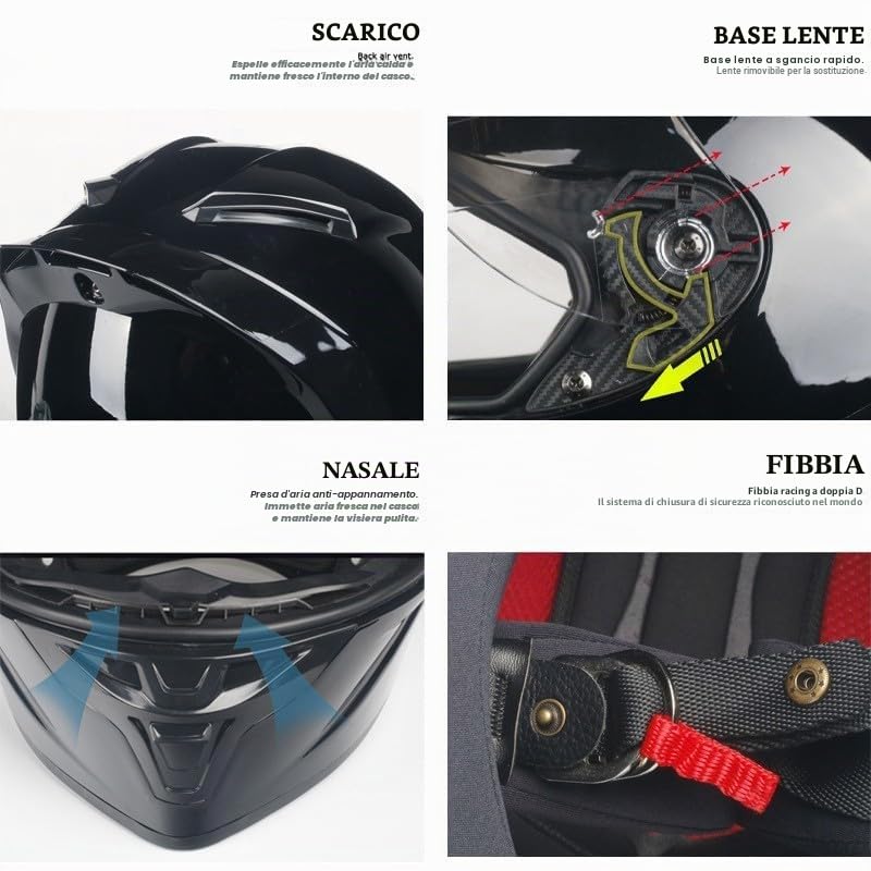 Casco Integrale in Fibra di Carbonio con Doppia Visiera, Casco Integrale da Moto da Corsa per Scooter per Adulti D,L=59-60cm