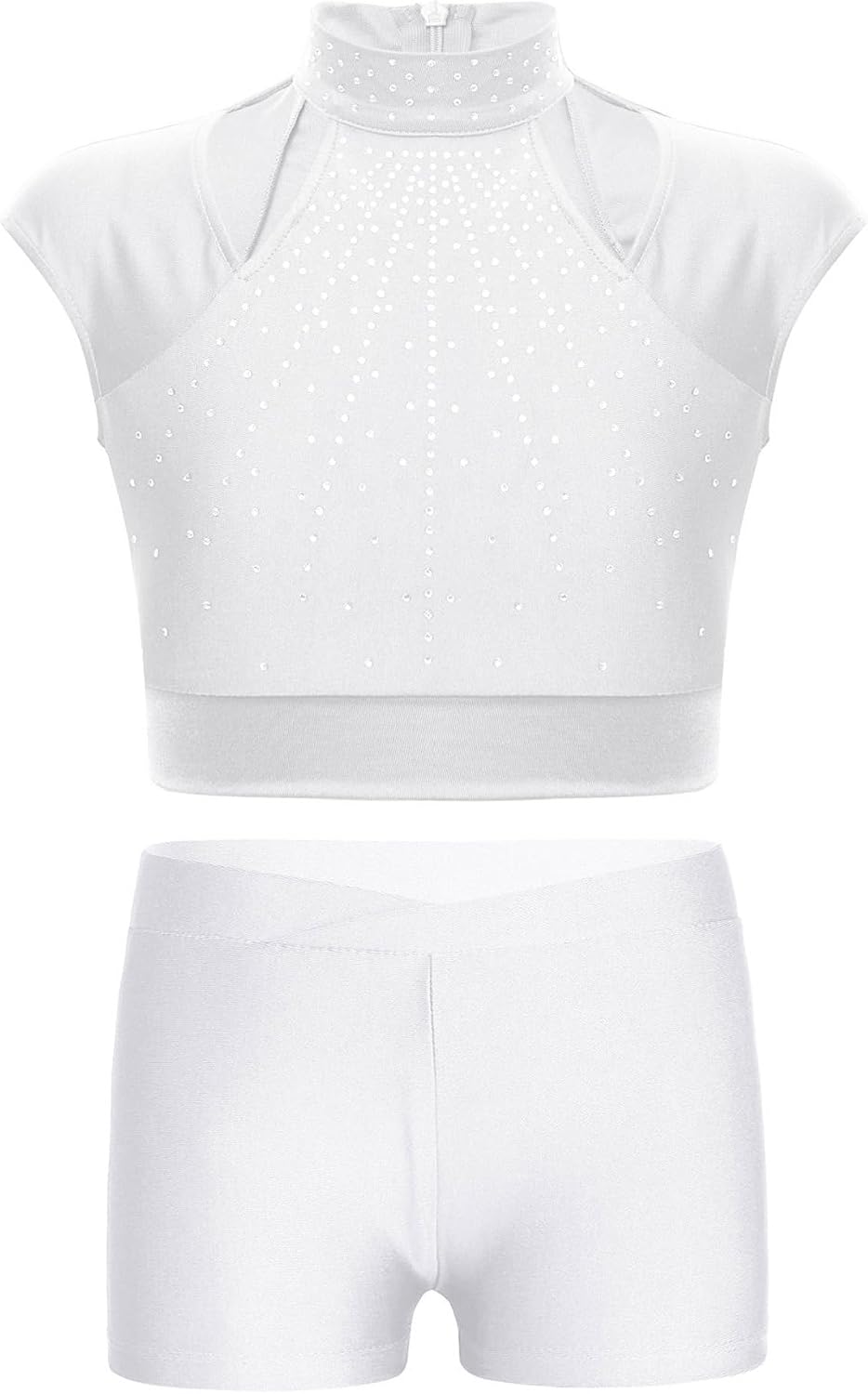 Kids Girls Shiny Rhinestones Gymnastic Dance Outfit Cut Out Mock Neck Crop Top with Sports Shorts