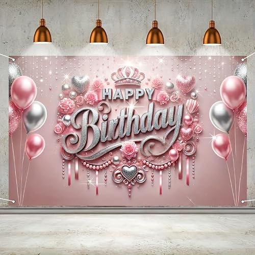 HOMETITUTE Pink Happy Birthday Banner Backdrop for Girls Women Happy Birthday Sign Pink Party Backdrop Decoration Princess Banner Celebration Backdrops Wall Banners for Party Supplies 71x43 Inch