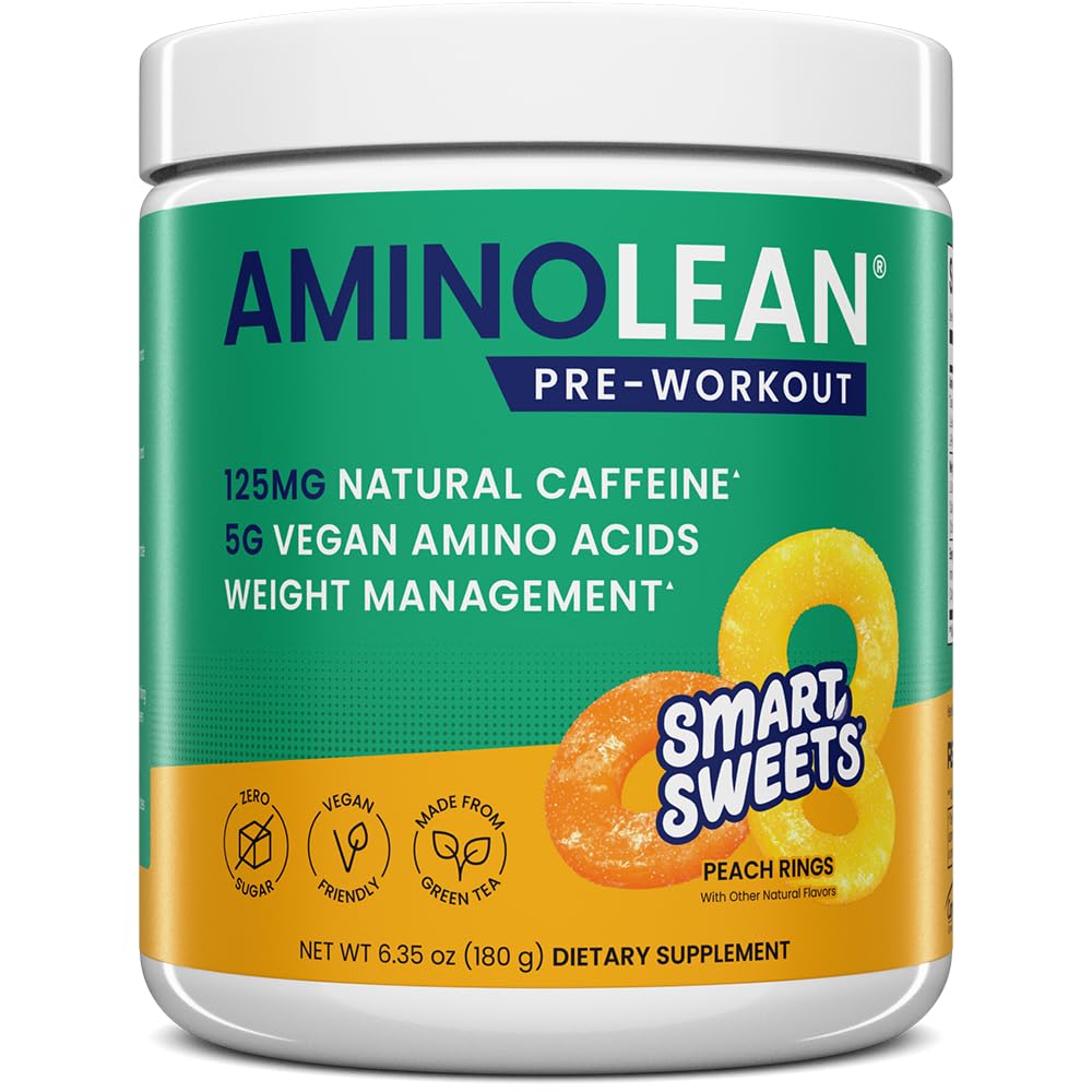 RSP NUTRITION AminoLean x SmartSweets Pre Workout Powder, Amino Energy with Vegan BCAA Amino Acids &amp; Natural Caffeine, Preworkout Boost for Men &amp; Women, Peach Rings
