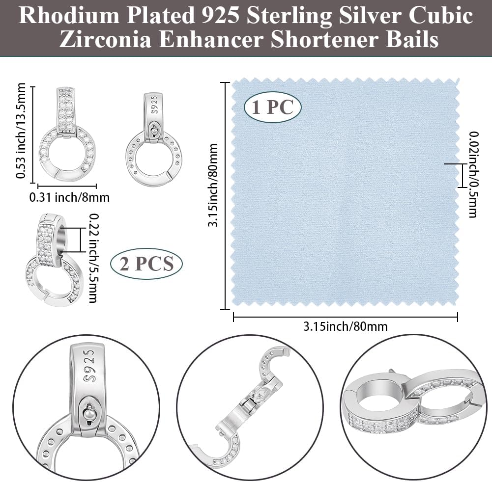 Beebeecraft 1 Box 2Pcs Double Bail Clasps 13.5x8mm 925 Sterling Silver Enhancer Connector Micro Pave Cubic Zirconia Jewelry Clasps Extension Pendant Charm Holder for Crafts Necklace Bracelet Jewelry