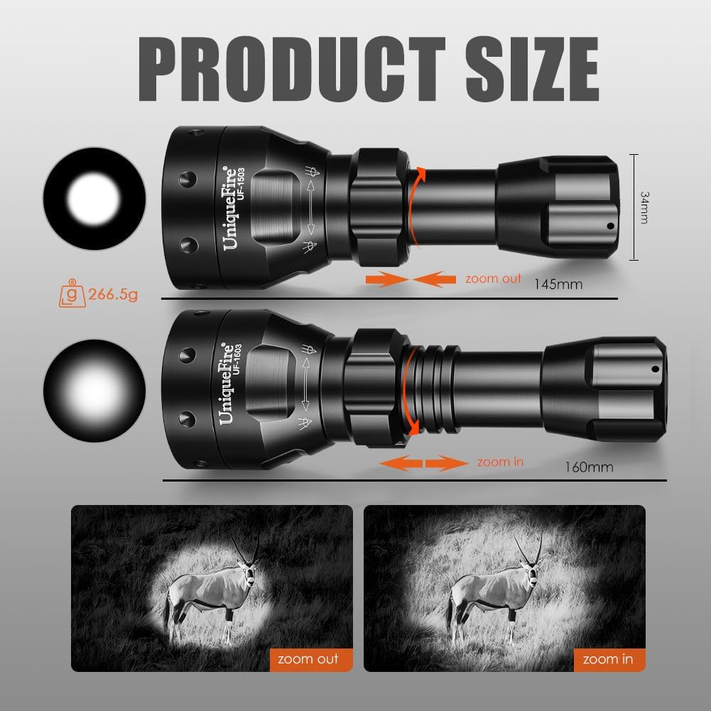 UniqueFire 1503 850nm IR Illuminator Flashlight Lights for Night Vision 50MM Lens Zoomable Infrared Spotlight with 3 Modes Memory IR Flashlight Coyote Night Fishing IR Light