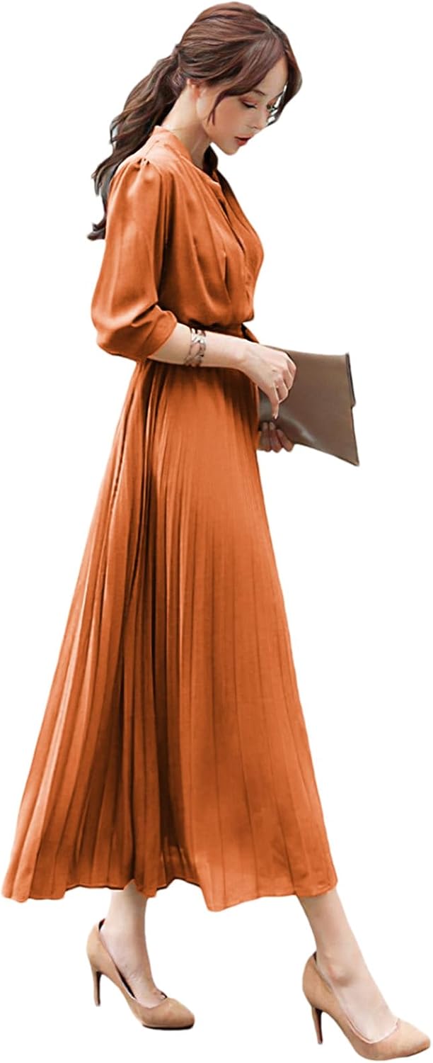 Womens Pleated Long Sleeve Loose Dress Casual Maxi Dresses with Tie Waist - Image 5