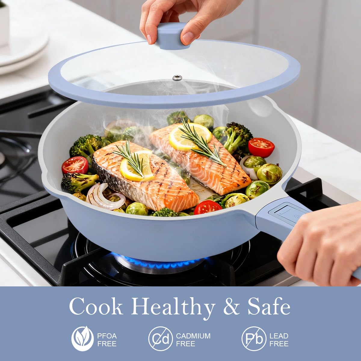 AIKENBBKK padella in ceramica 28 cm con coperchio, padella con rivestimento antiaderente con manico rimovibile, adatta a tutti i piani di cottura, adatta al forno (Azzurro)