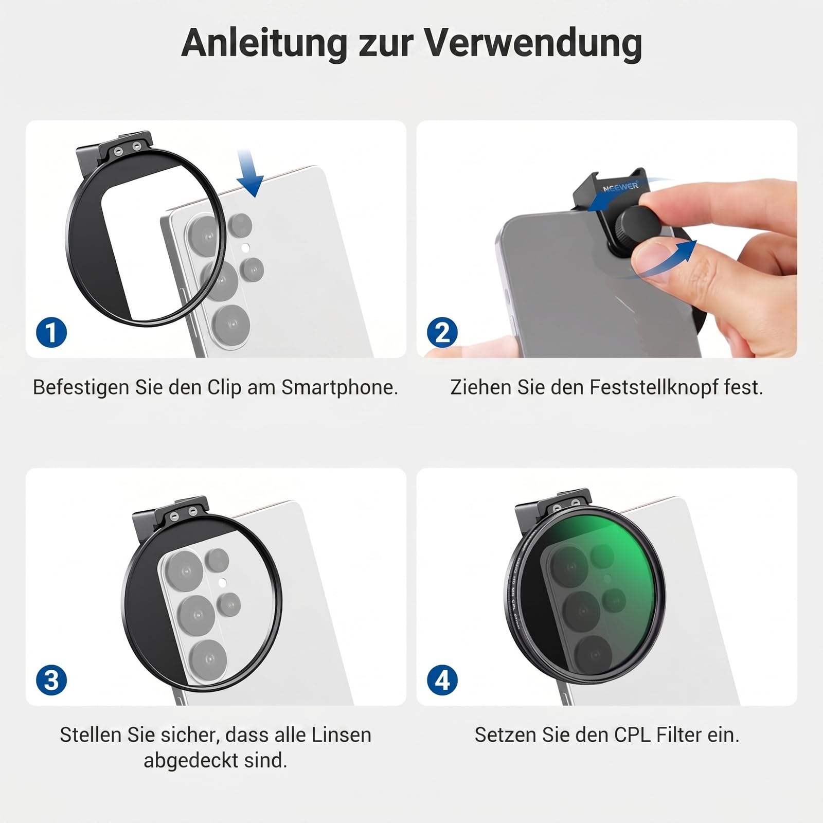 NEEWER 67mm CPL Filter Handy Polfilter mit Cold Shoe Clip, HD zirkularer Polarisationsfilter mit einstellbarer Polarisation, kompatibel mit Android Samsung S26 Ultra iPhone 17 Pro Max und mehr, FL-113