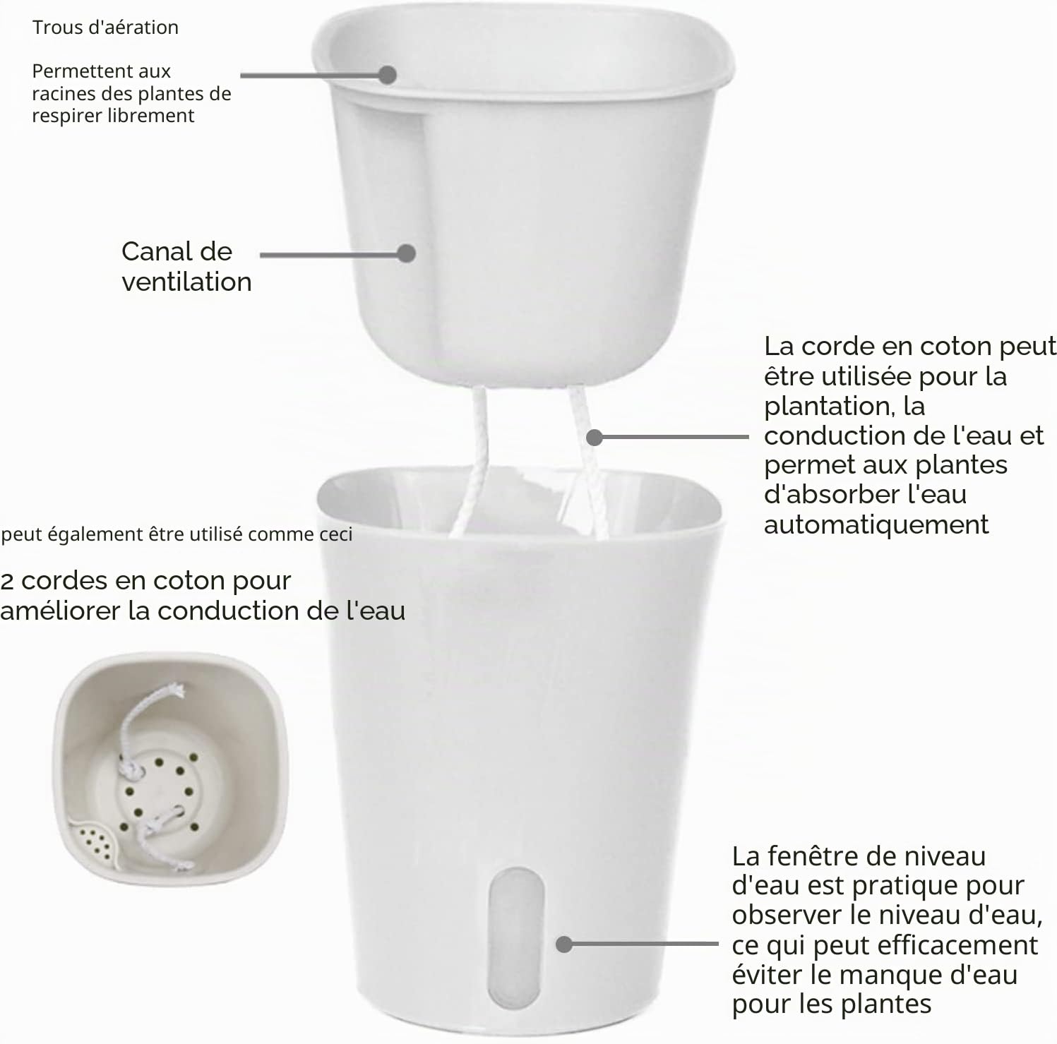 MENAYODA Lot de 10 pots de fleurs en plastique avec système d'irrigation, pots de fleurs auto-arrosage avec trou de drainage et indicateur de niveau d'eau, pour l'intérieur et l'extérieur