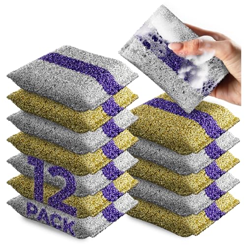 HELOMOR 12 Pack Dish Wash Sponges for Kitchen, Heavy Duty Non Scratch Dish Sponge, Wire Scrub Sponges for Cleaning Cookware, Glass, Countertops, Pans, Pots with Special Scrubbing Strip