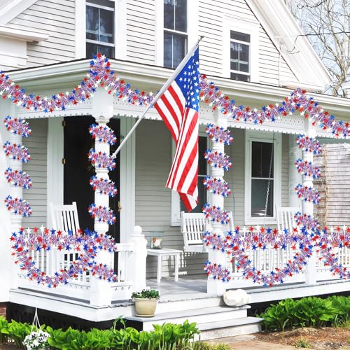 Image of 50FT 4th of July Patriotic Tinsel Garland Decorations, Red White and Blue Tinsel with Star Metallic Glitter Hanging Garland for Memorial Day 4th of July Independence Day Indoor Outdoor Decor