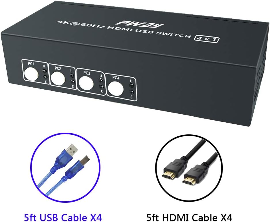 PW-SH0401P 4K KVM Switch HDMI 4 Port with Cable Kit and Supports 4Kx2K@60Hz 1080P 3D Windows 2000/XP/7/10 Linux and Mac for PC Monitor Keyboard Mouse DVR NVR Nintendo Switch (4 in 1 Out)
