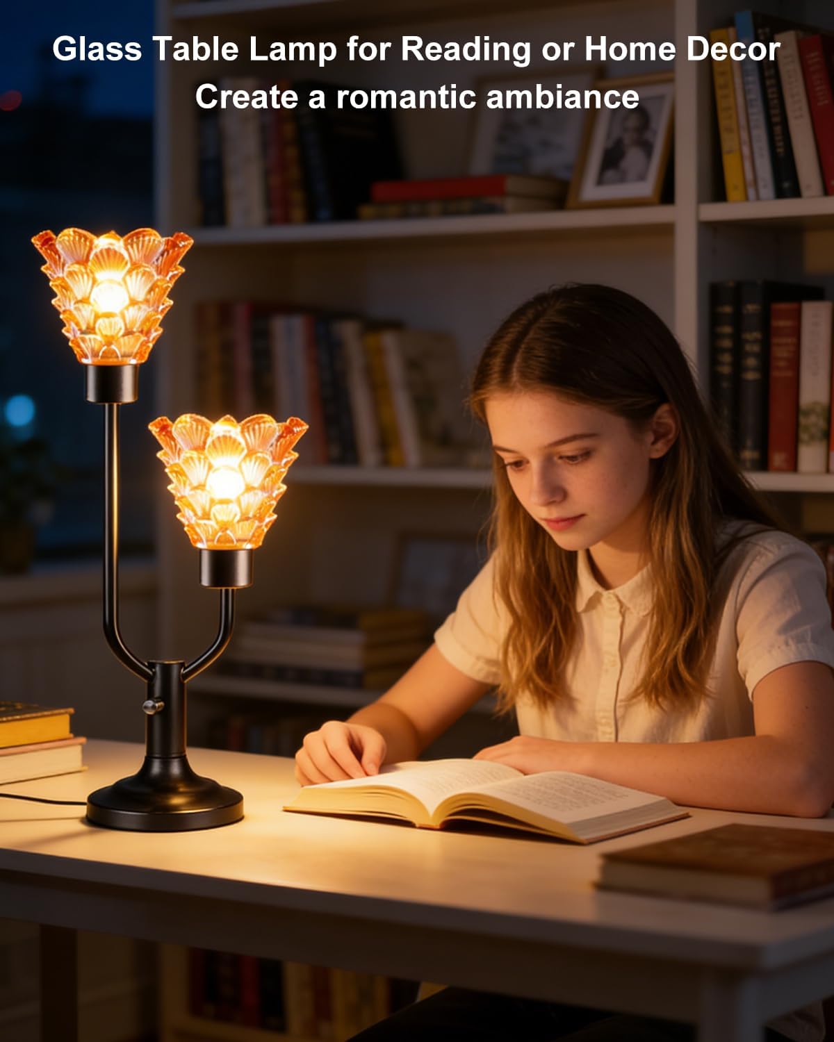 Lightdot Glass Table Lamp Dimmable Mid Century Modern Black Desk Lamp with Thickened Amber Glass 3 Bulbs Included 3000K Warmwhite Nightstand Lamp for Bedroom Bedside End Table