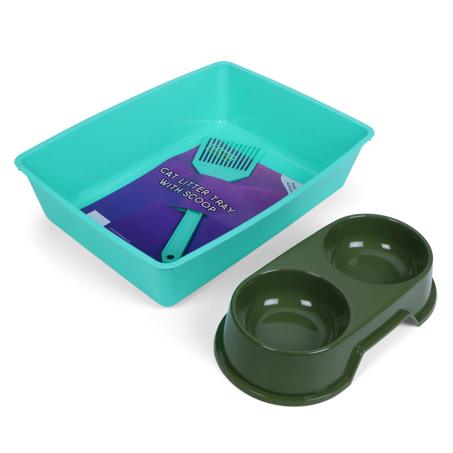 COMET Plastics Cat Litter Tray with Free Scoop and Dual Pet Bowl | Suitable for All Adult Cats & Kittens| BPA Free | Cat Food Bowl -375ml x 2 | Green | Tray-40cm x 32cm x 10cm (B0D2P2WH6H) Amazon Price History, Amazon Price Tracker