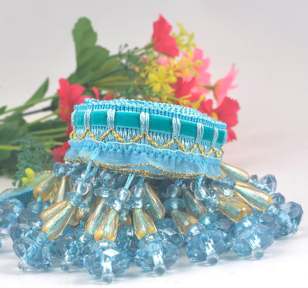 6.5 Yards Braid Hanging Ball Tassel Fringe Trim Bead Sewing Trim Fringe Lace Acrylic DIY Craft Sewing Accessory for Home Curtain Decoration (Blue)