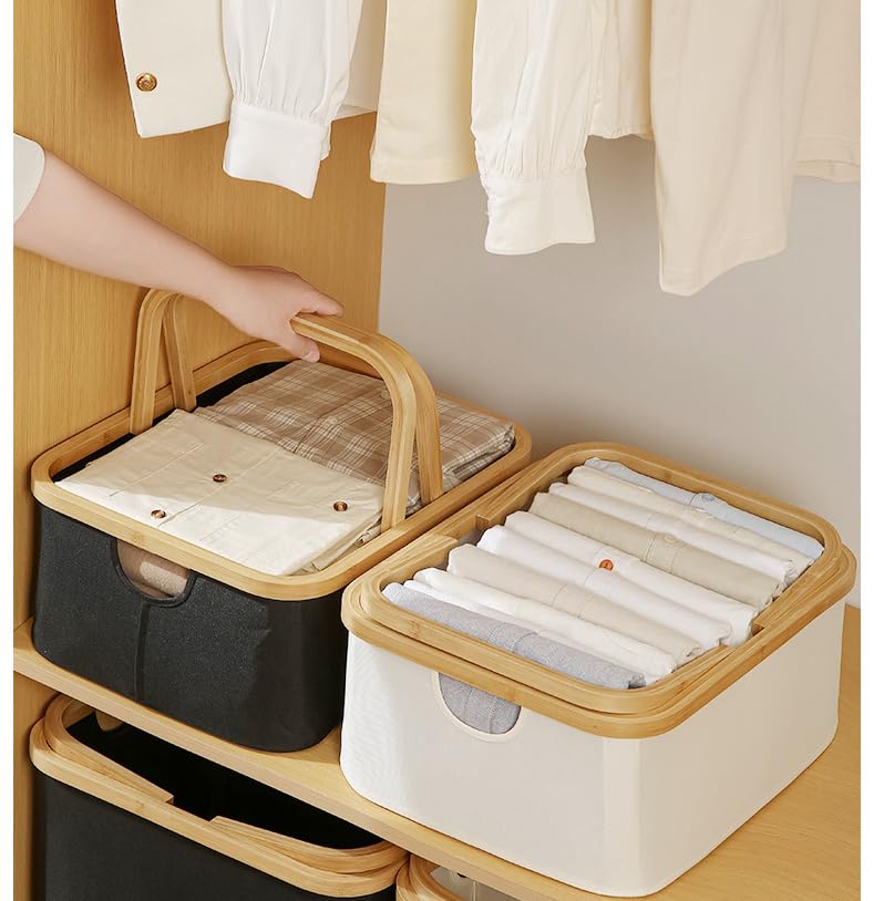 Caja de almacenamiento plegable con mango de bambú, tela Oxford (beige, 40,5 x 33 x 17 cm)
