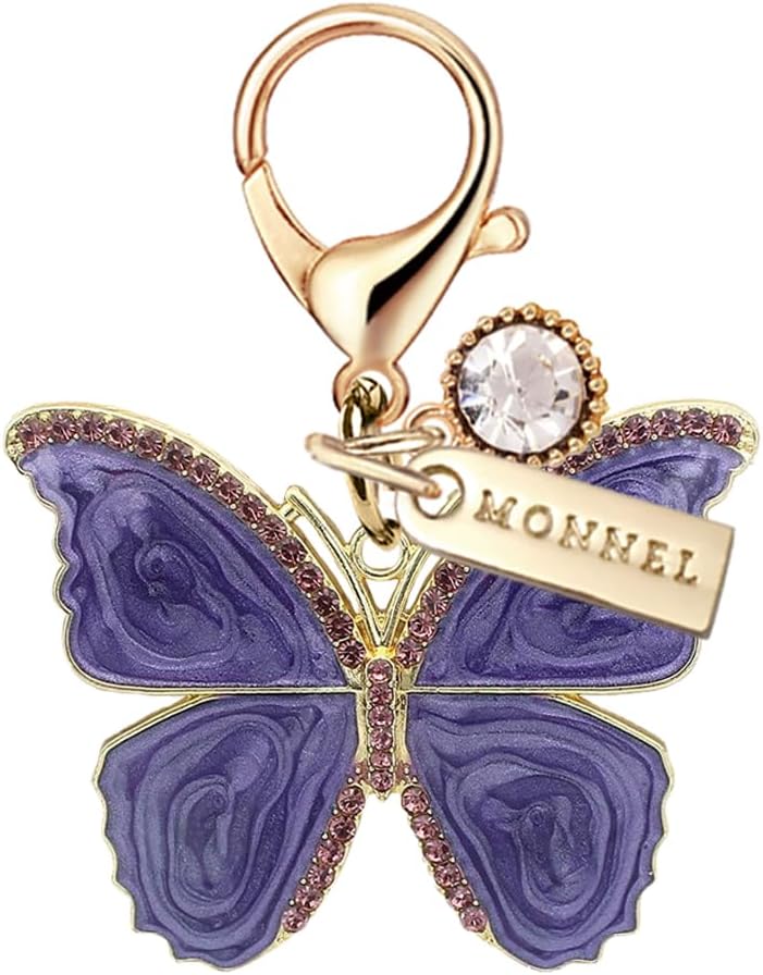 MC670 Little Crystal Butterfly Lobster Clasp 3D Charm for Women with Velvet Bag (Purple,1 Piece)