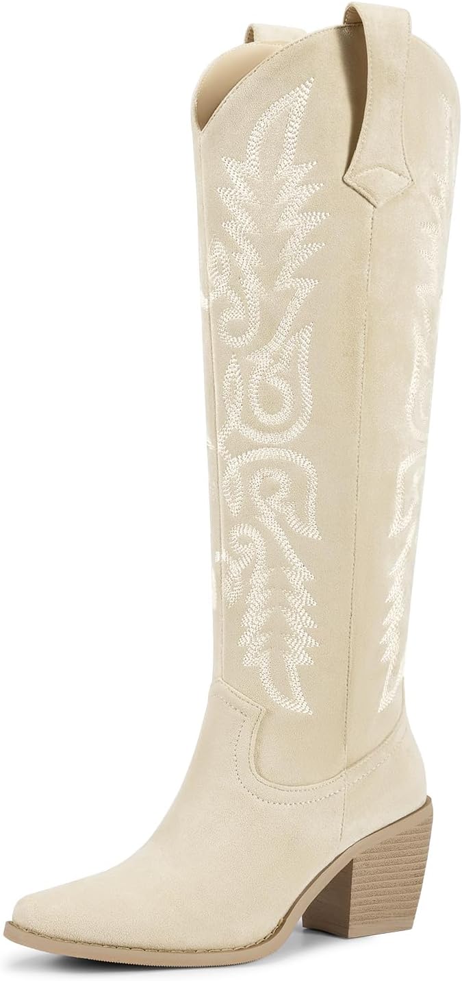 wetkiss Womens Tall Cowboy Boots Side Zipper Ladies Cowgirl Knee High Boots,Comfortable Retro Vintage Embroidery Pointed Toe Block Chunky Heel