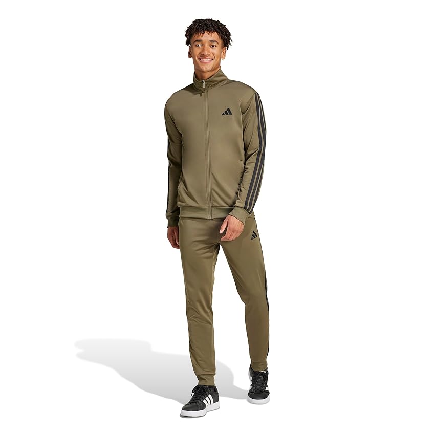adidas Uomo Sportswear Basic 3 Stripes Tricot Tracksuit, Tuta da Allenamento, Verde (Olive Strata), S
