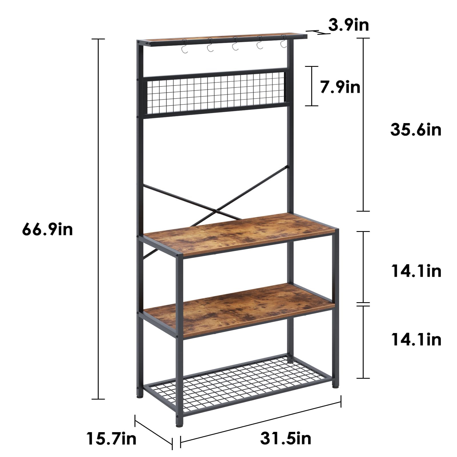 soges Estante de Cocina para Panadero Soporte para Microondas de 4 Niveles, marrón rústico, organizador de utilidad, panel inferior de malla, soporte libre con 5 ganchos