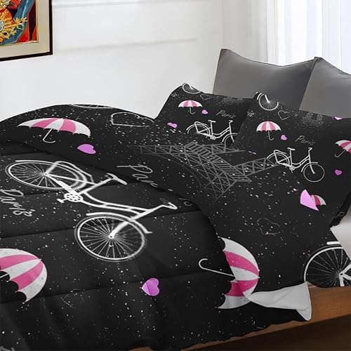 Miniatura 7 de Juego de edredón tamaño individual, juego de ropa de cama suave de bicicleta de torre Eiffel francesa para niños y adultos, juego de edredón vintage