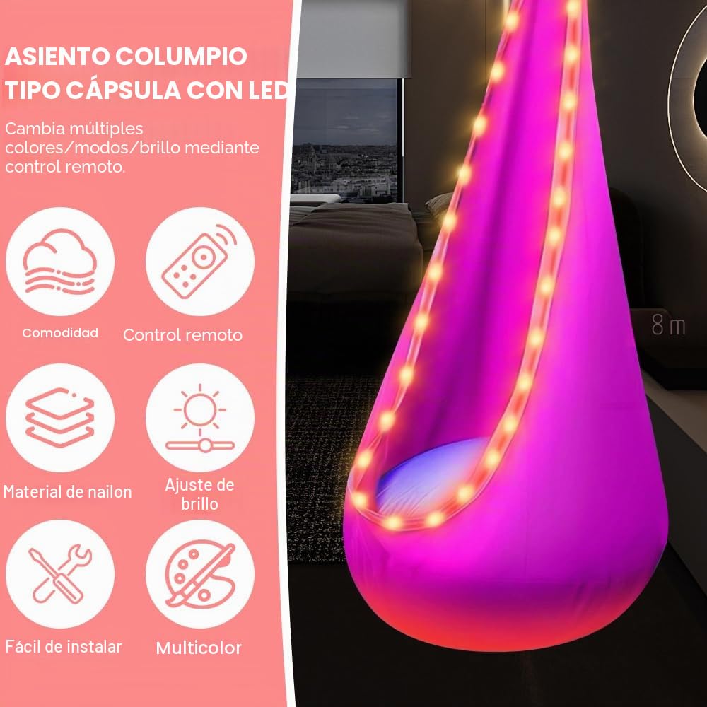 Cueva colgante, asiento de columpio con LED y cojín inflable, asiento colgante con bomba, soporta hasta 80 kg – 70 x 150 cm (rosa)