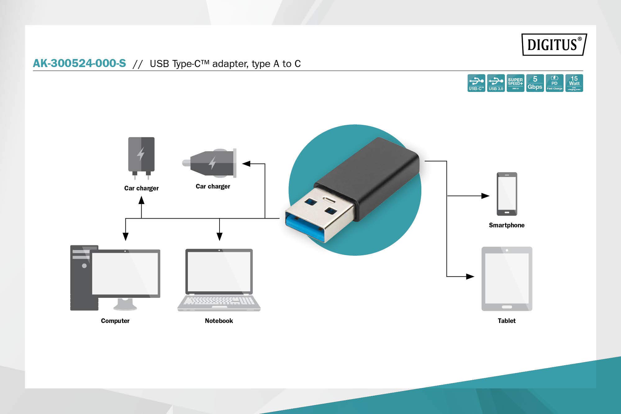 ASSMANN DIGITUS Adaptador USB 3.2 Gen1 - USB A (Macho) a Tipo C (Hembra) - 5 Gbit/s - Cable - Negro