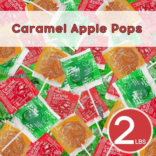 Caramel Apple Pops, (32 Oz.), Apple Orchard Flavors, Green Apple, Red McIntosh and Golden Delicious Flavors, Bulk, 2 Lbs., Individually Wrapped, Hard Apple Flavored Candy With A Delicious Caramel Coating (2 Pounds)