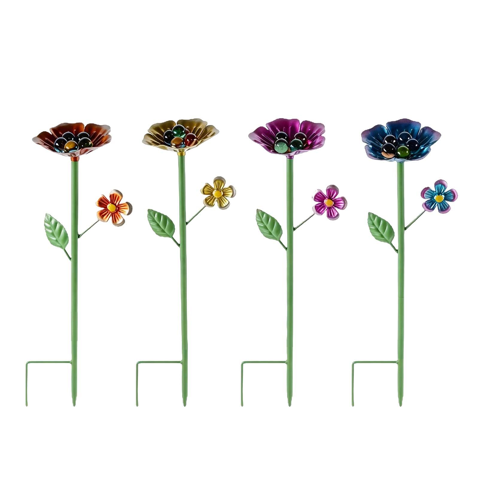 Bee Watering Station 4 Pack with Glass Marbles, Metal Flower Bee Cups on Stake, 25 Inch Tall Bee Bath for Garden, Outdoor Bee Feeder and Decorative Yard Stake