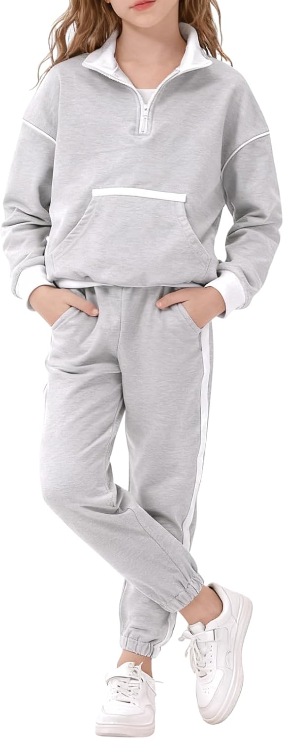 Girls 2 Piece Outfits Tracksuit Long Sleeve Half Zip Sweatshirt and Sweatpants Set with Pockets