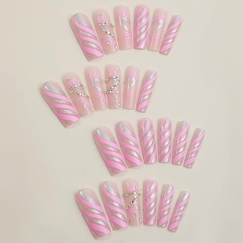 Miniatura 2 de Uñas postizas extralargas cuadradas con forma de tubo, uñas acrílicas rosas con purpurina y líneas blancas y diamantes de imitación, diseños de