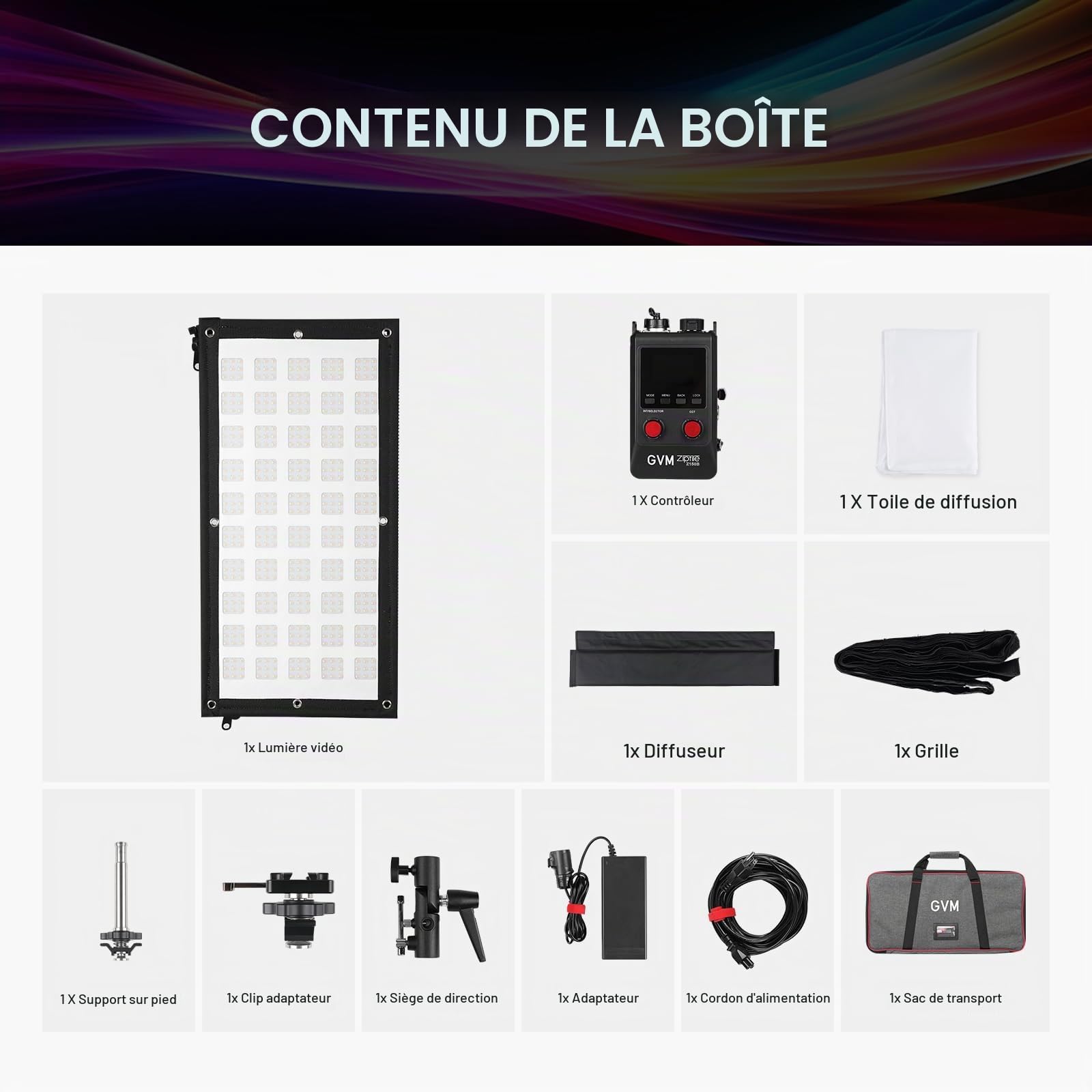 GVM ZipTile Z150B Lampe vidéo LED Flexible Bicolore 2700 K ~ 6800 K, 15500 lux/m 150 W, 12 Effets d'éclairage avec boîte à lumière Grille nid d'abeille, Prise en Charge par Application de contrôle