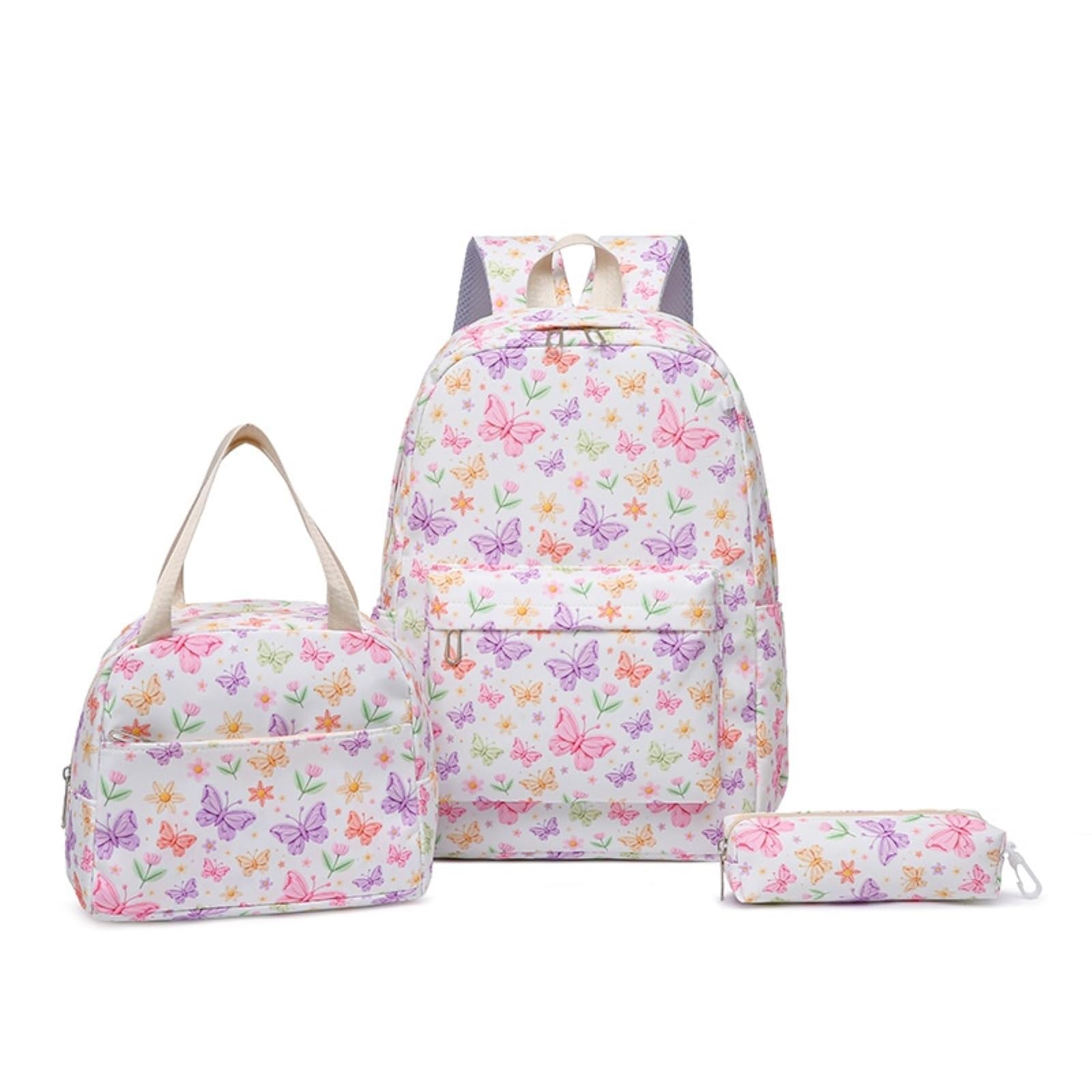 Zaino da Viaggio 3 in 1 Colorato Farfalla-Floreale Stampa Set Scolastico con Borsa Pranzo E A Matita per Ragazze Adolescenti
