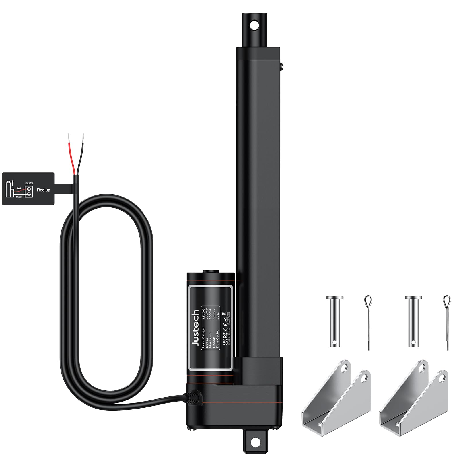 Justech Actuador Lineal 12V,Motor Actuador Lineal 2000N 200mm,Impermeable IP54,Aleación de Aluminio para Equipos Médicos,Línea de Producción,Mesa Elevadora,Sofá
