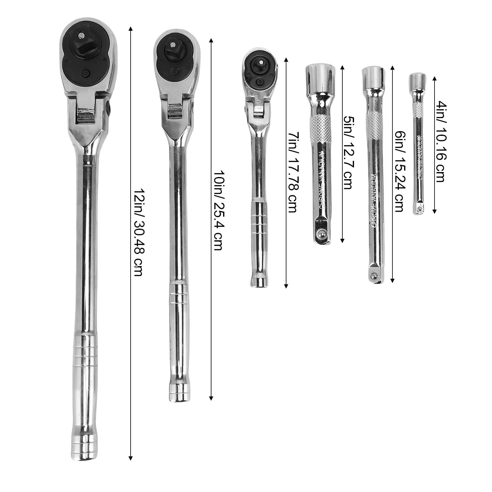 Jiawu 6-częściowy zestaw grzechotek z elastyczną głowicą, 1/4", 3/8", 1/2", grzechotka z obrotową głowicą i przedłużką, 72 zęby,regulacja 180°,szybkie zwalnianie,elastyczna rękojeść
