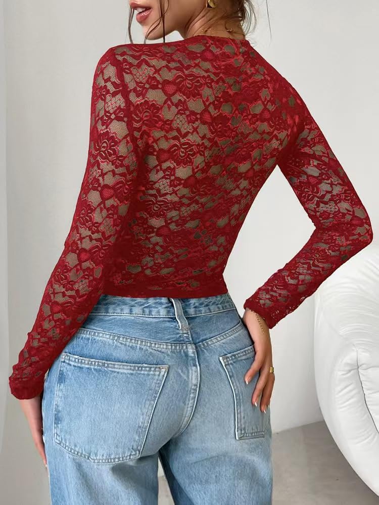 Y2K Lace Tops for Women Long Sleeve Slim Fit Mesh Shirt See Through Sheer Blouse Sexy Low Cut Going Out Crop Tops - Image 4