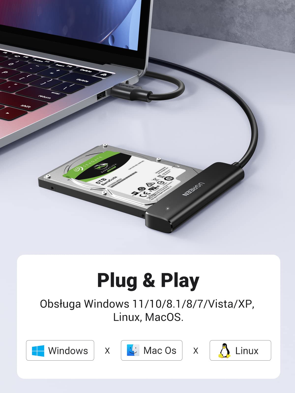 UGREEN USB 3.0 Adapter SATA do 2,5 Calowego Dysku Twardego 5Gbps 6TB Kompatybilny z Windows Mac OS Linux PS4 PS3 Xbox PC, 0.5m