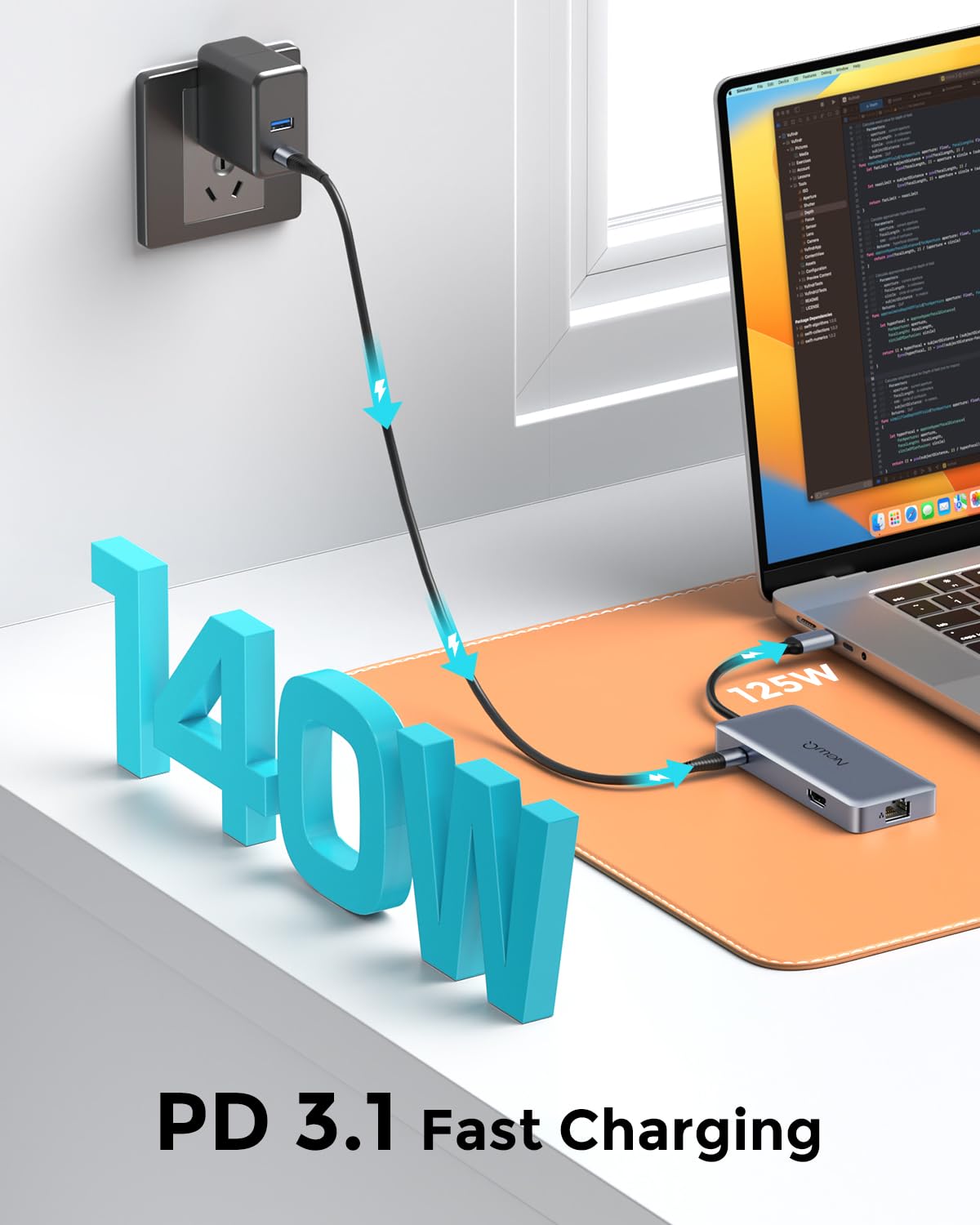 NewQ Stacja dokująca USB-C 140 W, koncentrator 4K 60 Hz HDMI, USB-A 3.2, USB-C 3.2, Gigabit Ethernet, wejście PD 140 W, SD/TF 4.0 gniazdo 300 Mbit/s, kompatybilna z Thunderbolt 3/4/5, do MacBook