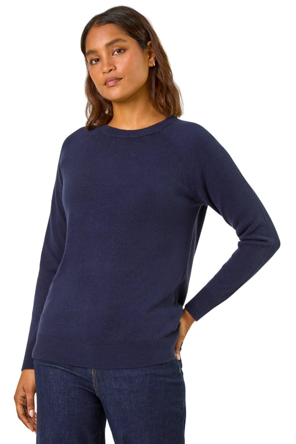 Roman Soft Jumper for Women UK Ladies Winter Autumn Sweater Knit Knitwear Round Crew Neck Top Plain Lightweight Comfy Long Sleeve Split Hem Everyday Daywear - Midnight Blue - Size 16